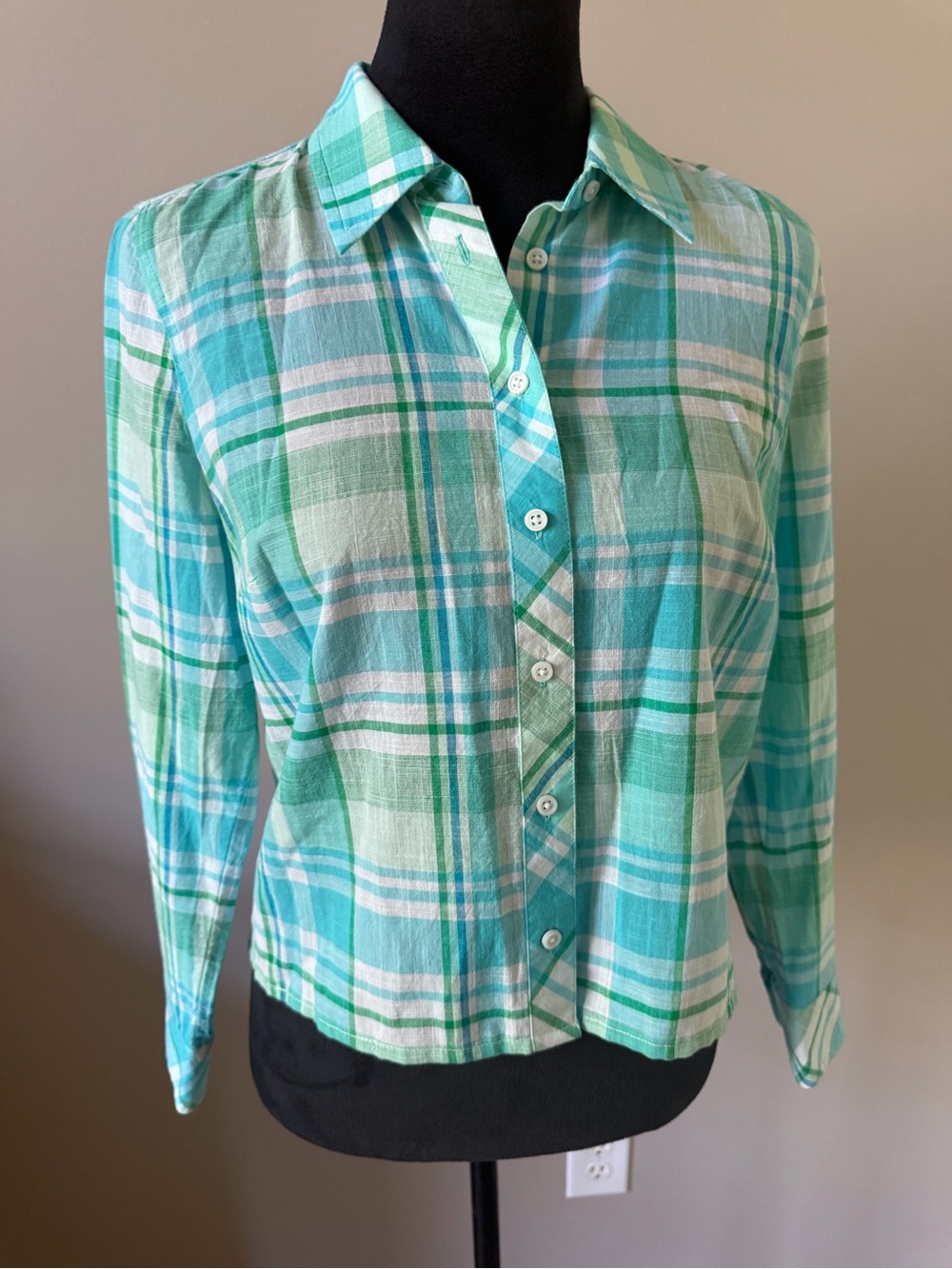 Talbots Aqua & Light Green Plaid Button-Up Shirt Petite Small